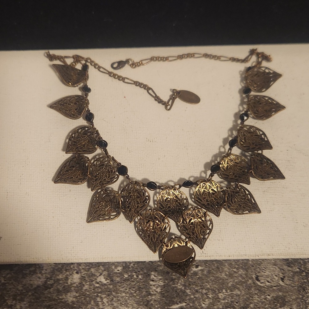 Vintage Style Antique Gold Tone Filigree Bib Necklace Black Rhinestone Statement - Picture 9 of 16